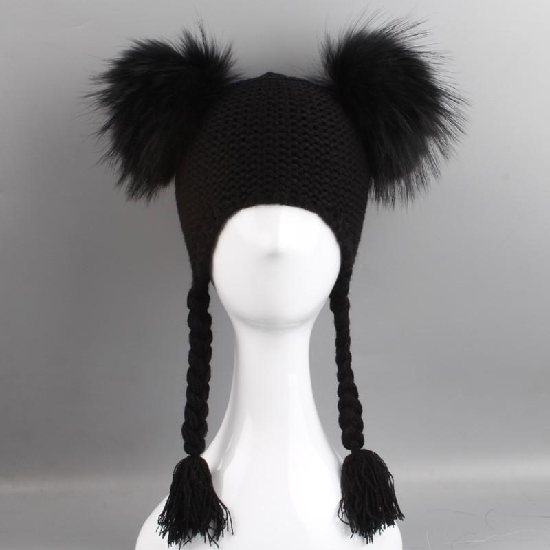 Kids Wool-Blend Knit Beanie With Double Pom Poms Ear Flaps Toddlers Ages 6M-12Y