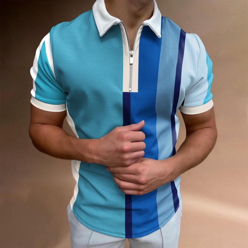 Summer Men's Casual Striped Houndstooth Digital Print T-Shirt Zipper Polo Shirt