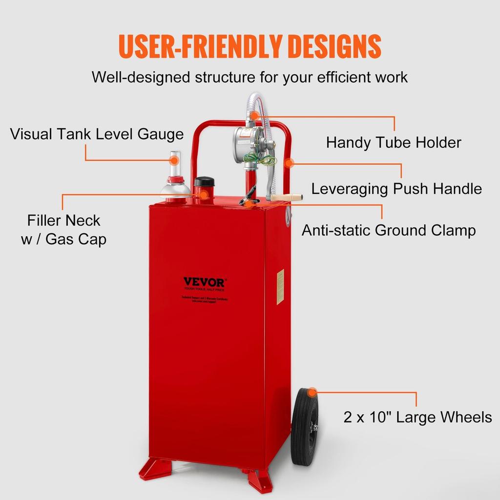 30 Gallon Fuel Caddy, Fuel Storage Tank on 2 Wheels, Portable Gas Caddy with Manuel Transfer Pump, Gasoline Diesel Fuel Container for Cars, Lawn