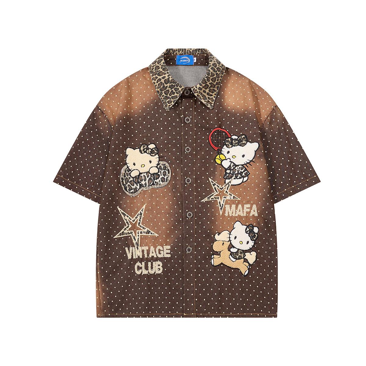 Retro Washed Denim Shirt Short Sleeve Loose American Campus Cartoon Anime Embroidery Polka Dot Shirt Men and Women M