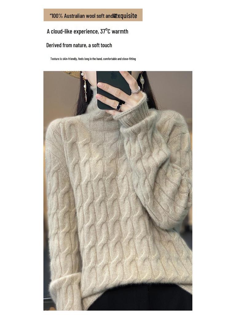 Women's High Neck Loose Cable Knit Sweater, 100% Wool with Cashmere Lining