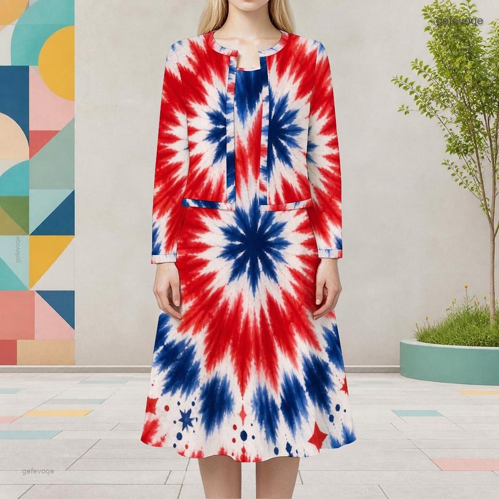 Women Plus Size Dark Blue Printed Round Neck Long Sleeve Cropped Cardigan Sleeveless Dress Two Piece Set