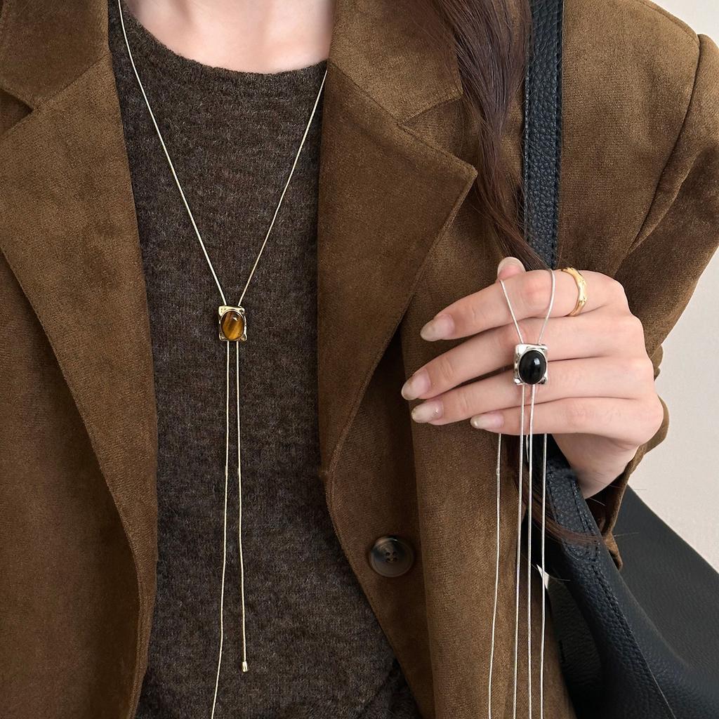 LATS Square Tiger's Eye Stone Bolo Tie Necklace for Women Vintage Western Y Necklaces Gold Chain Cowgirl Jewelry