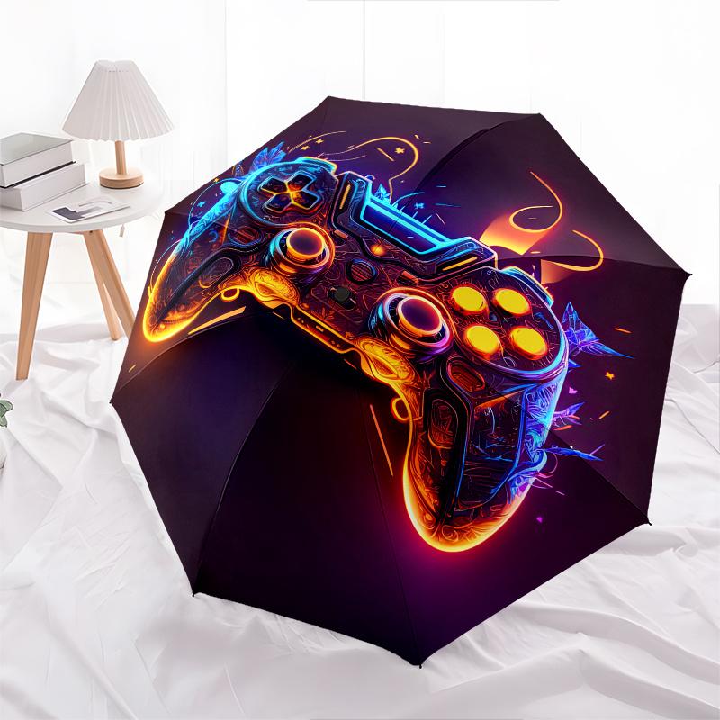 Neon Lights, Gaming Controller Theme Automatic Open/Close Fashion umbrella, Portable 3 Fold Compact Umbrella for Men & Women