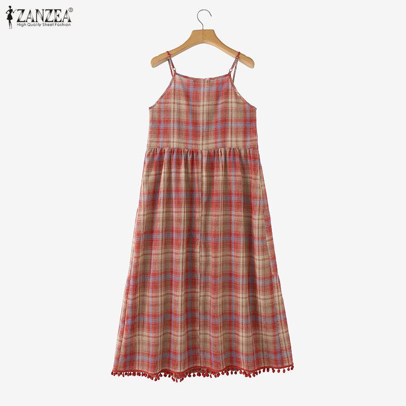 ZANZEA Women Plaid Print Summer Casual V-Neck Sleeveless Straps Camisoles Dresses