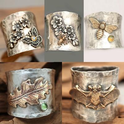 Antique Thai  Zircon Round Shape Carving Dragonfly Magpie Bee Vintage Rings for Women Wedding Party Cute Animals Jewelry