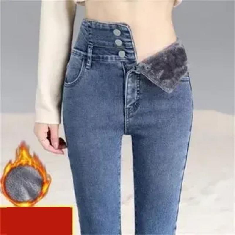 

Зимние облегающие джинсы с высокой талией, женские однотонные теплые бархатные джинсовые брюки-карандаш, повседневные прямые однотонные винтажные офисные женские джинсы 30108 XXXL
