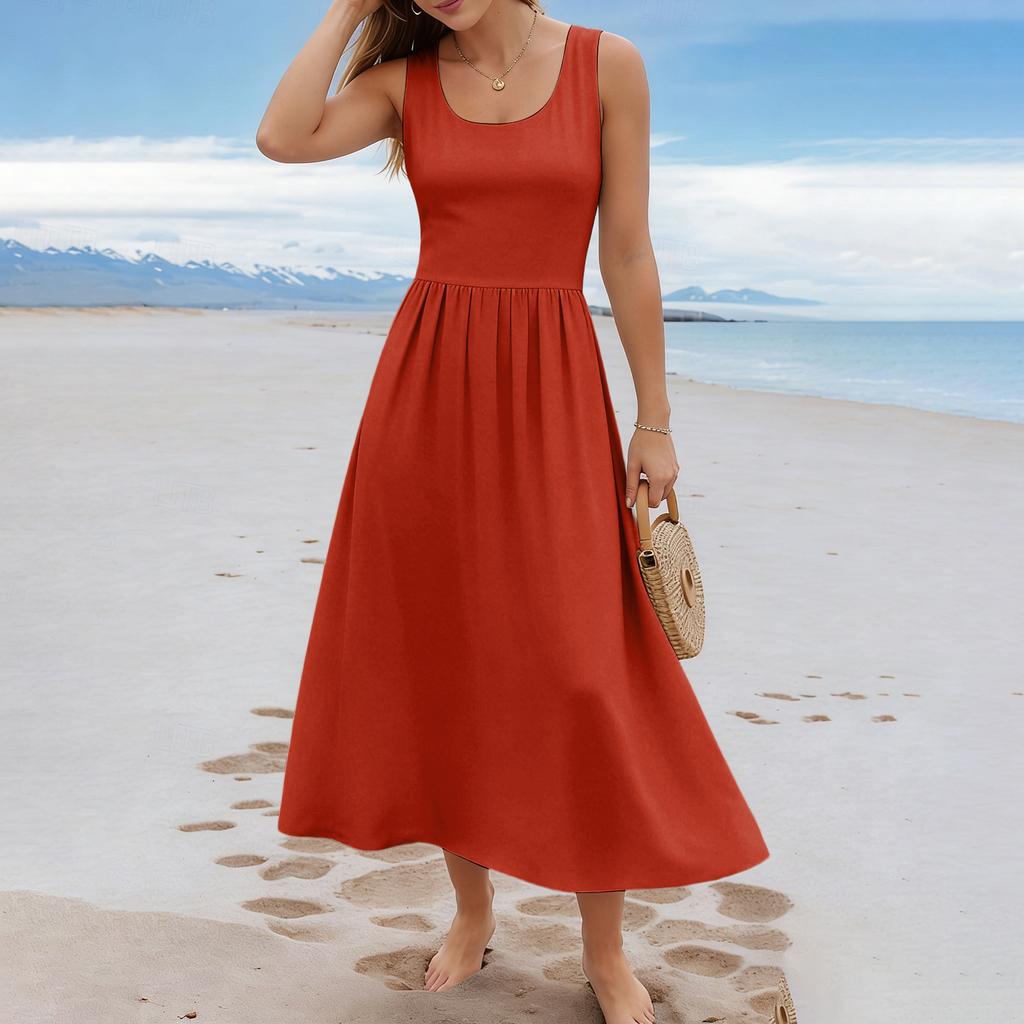 Ärmelloses Langes Freizeitkleid für Damen Sommer Einfarbig Einfach Entspannte Passform Maxikleid für den Alltag Urlaub Büro