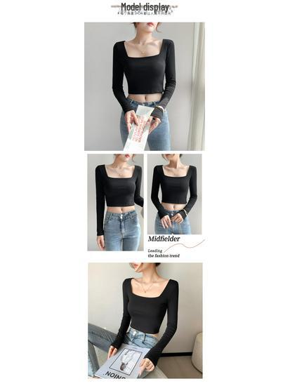 Square-Collar Women's Top: Autumn/Winter, Long Sleeve, Versatile, Cropped, Exposed Midriff, New Style