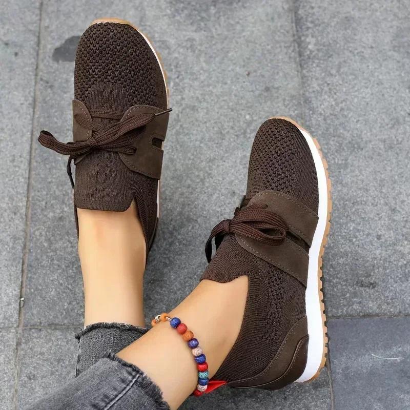 Brown Knit Breathable Womens Sneakers Shoes New Platform Flats Woman Plus Size 43 Non Slip Casual Shoes