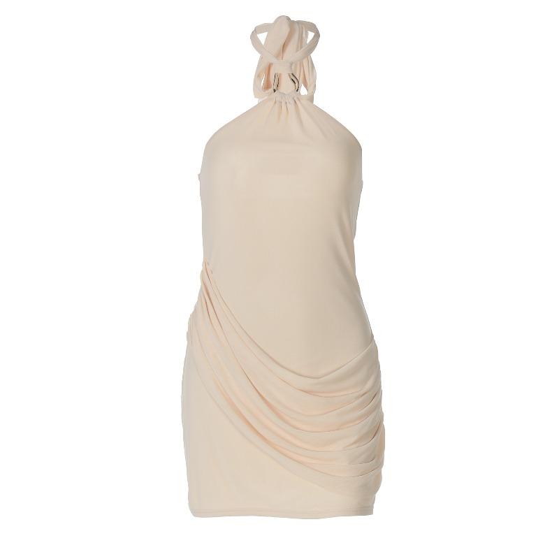 Verano Nuevo Sexy Empalme Malla Cadera Envolvente Corto Color Sólido Calle Cuello Vestido Mujer