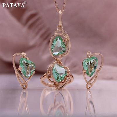 585 Rose Gold Color Inlaid Light Green Color Geometric Shaped Artificial Zircon Earrings Ring Necklace Combo Set