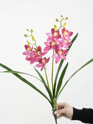Künstliche Cymbidium-Orchideenblüten mit echtem Griff, künstlicher Orchideenblütenstiel mit Blättern, 2 Zweige für Heim- und Hochzeitsdekoration