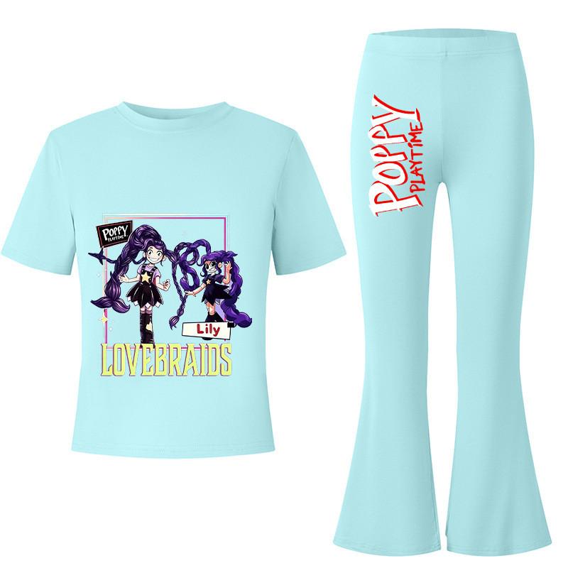 2pcs Kids Girls Lily Lovebraids Printed Casual Short Sleeves T-shirt Top Flared Trumpet Trousers Top Pants Sets