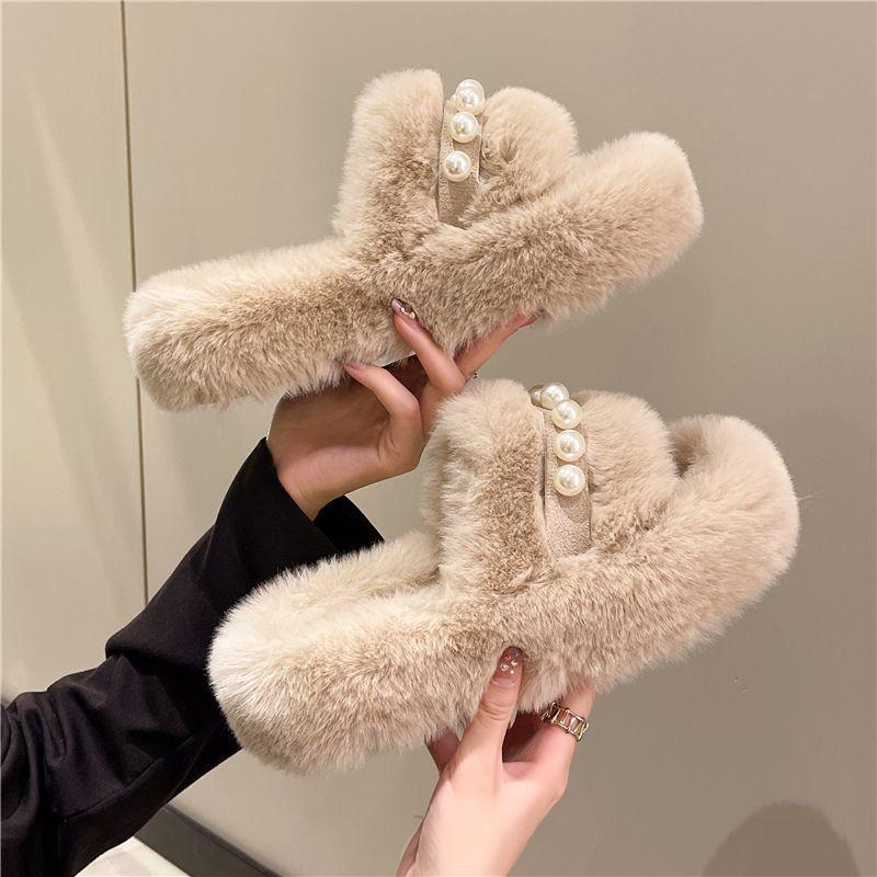 Internet Celebrity Pearl Fluffy Slippers Women Wear Thick Bottom Ins Tide 2025 New Autumn and Winter Versatile Household Dormitory Cotton Mop