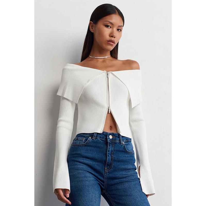 Fashion Women s Cardigan Spring Autumn Sexy Collar Zip Patchwork Vintage Sweaters New Chic Streetwear Female Jumpers S