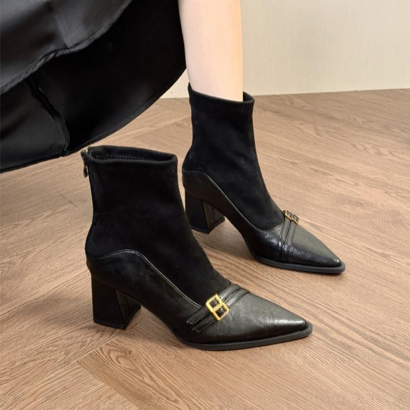 Französischer Retro-Stil spitze dicke Ferse kurze Stiefel Damen 2025 neu vielseitige Mode hohe Ferse elastische dünne Stiefel Reißverschluss hinten