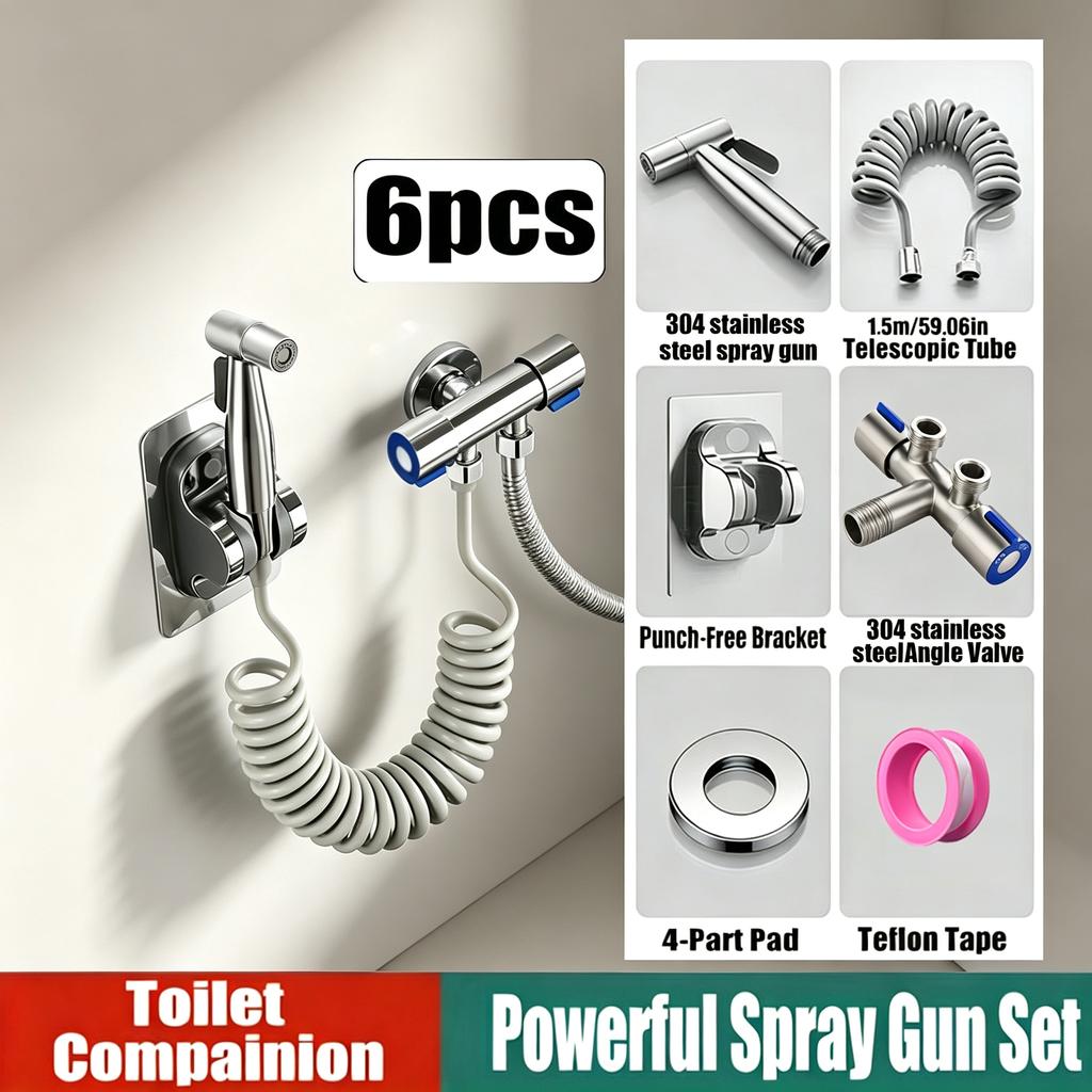 Wall Mount 6Pcs Bidet Sprayer Kit Hand Shattaf Toilet Spray Gun Set Bathroom Water Sprayer for Personal Cleaning