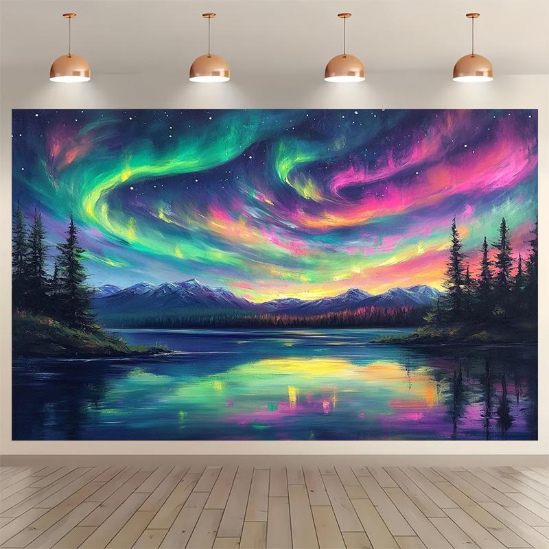 Nighttime Forest Polyester Photography Background and Party Banner - Vibrant Aurora Scene, Yzb