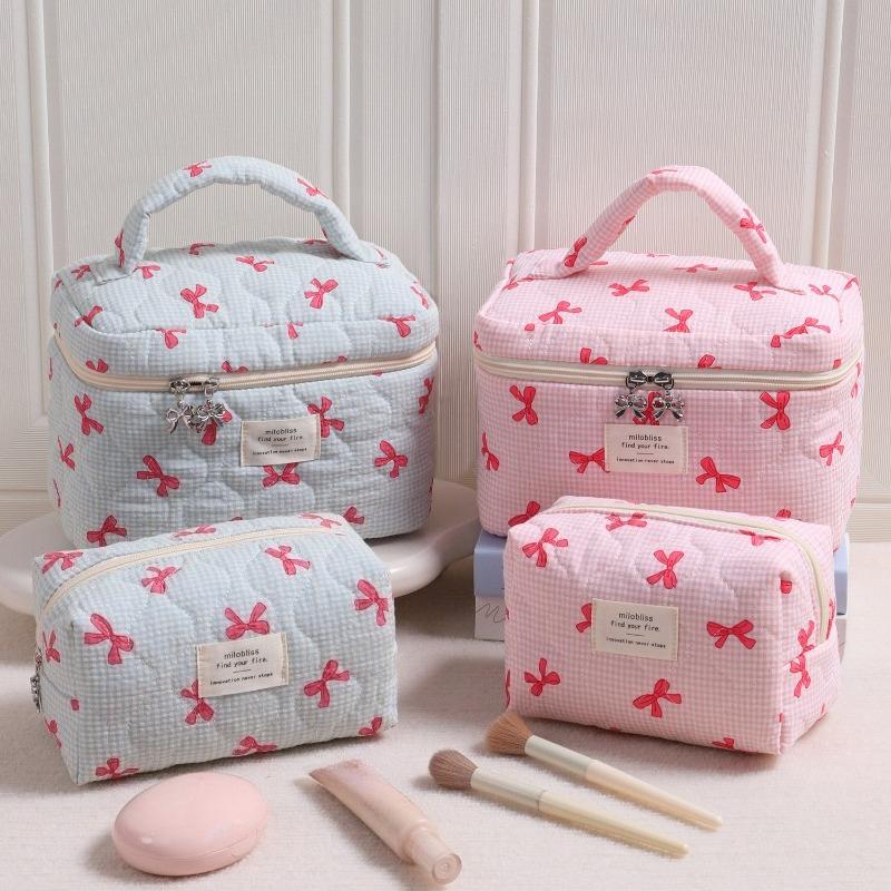 Bow Print Pink Blue Cute Makeup Bag for Women Large Capacity Toiletry Pouch Cute High Quality Cosmetic Organizer Storage Case