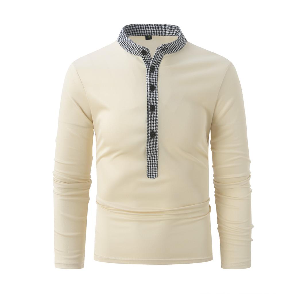 Men's Polo Shirt Long Sleeve Plaid Stand Neck T-shirt Spring Autumn Casual Fit Top Men