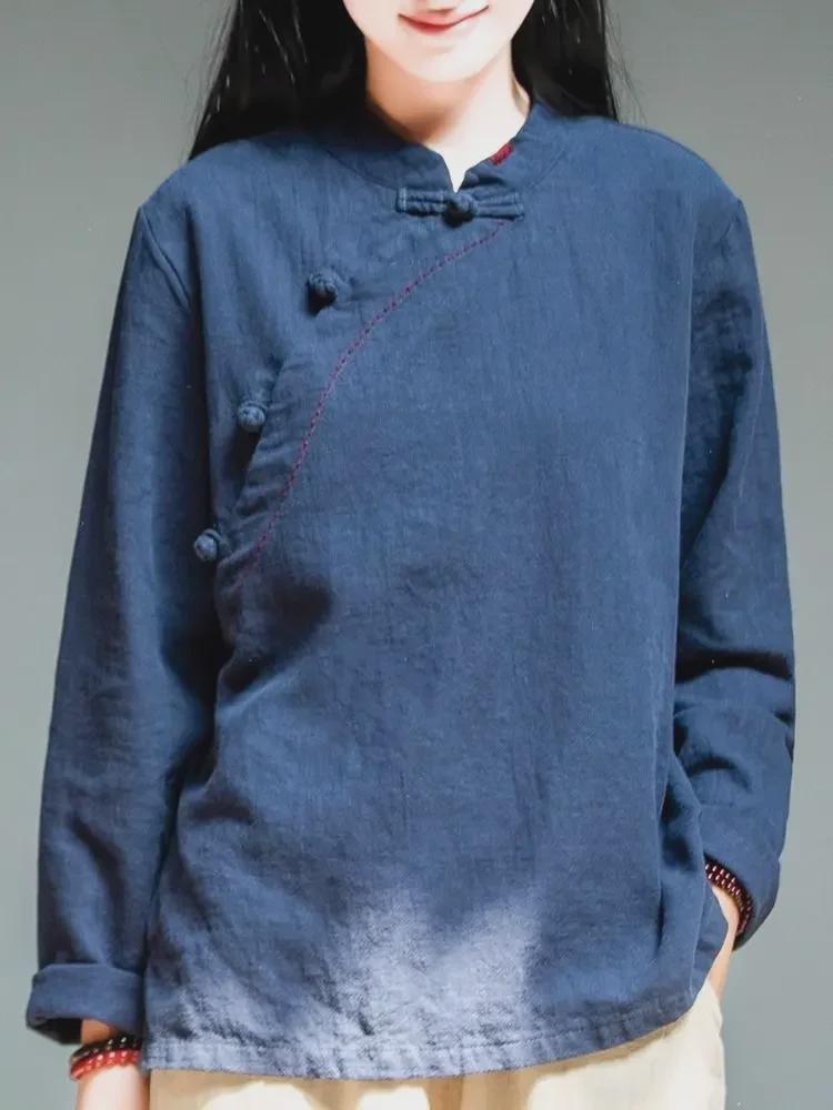 

Женский хлопковый льняной топ в стиле ретро с длинными рукавами: Весна/Лето, облегающий крой, воротник-стойка/асимметричный XXL