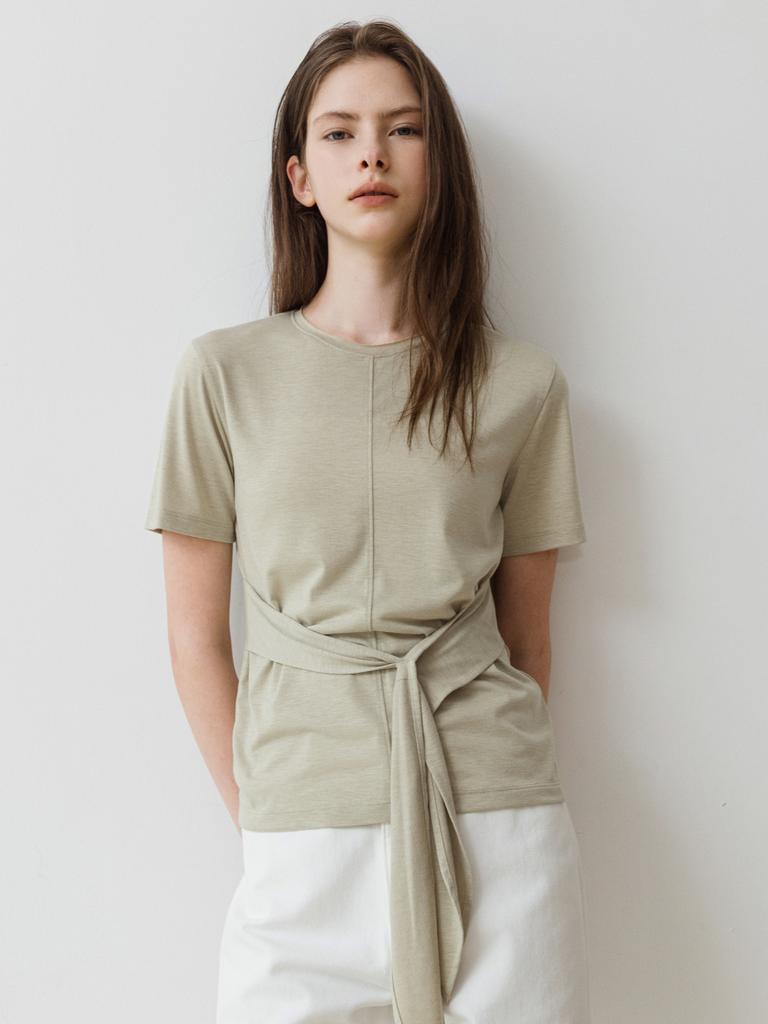 Aeskoneo Drape Waist Wrap T-Shirt Olive At6Tsb017Ol