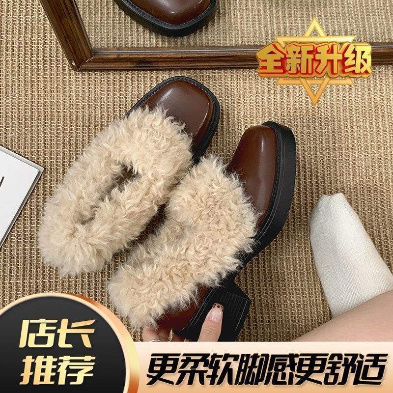 Black Thick-heeled Small Leather Shoes for Women's 2025 New Autumn and Winter Plush Warm Fluffy Shoes Mary Jane Pedal High Heels