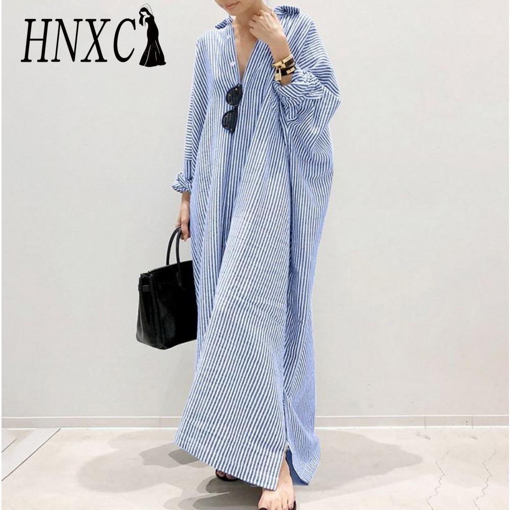 HNXC Korean Style Women Long Sleeve Button Down Striped Casual Maxi Shirt Dress