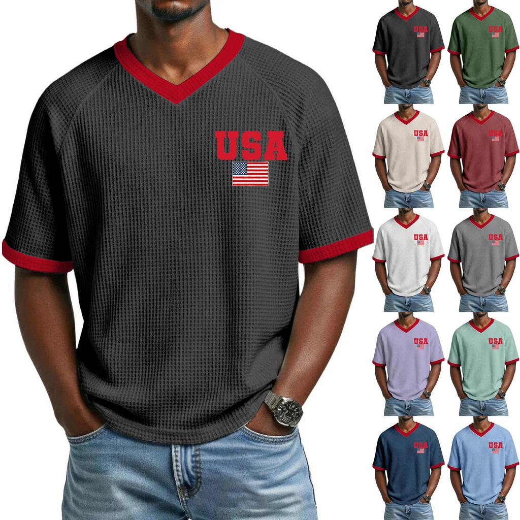 Men's Casual Fashionable Letter- Colorful Print Short-sleeved Shirt - Men's Breathable V-neck Short-sleeved Top