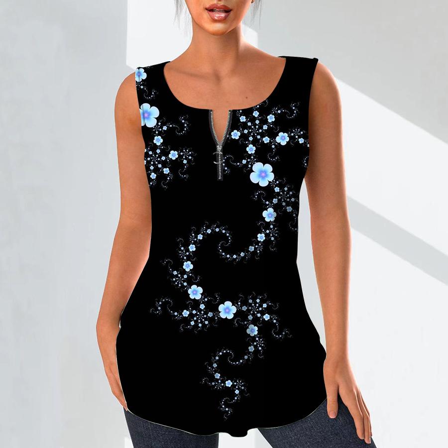 Dámská móda Košile s výstřihem do V Neformální topy Tričko Dámské 3D Modrý potisk malých květů Vesta Halenka velké velikosti bez rukávů Tílka