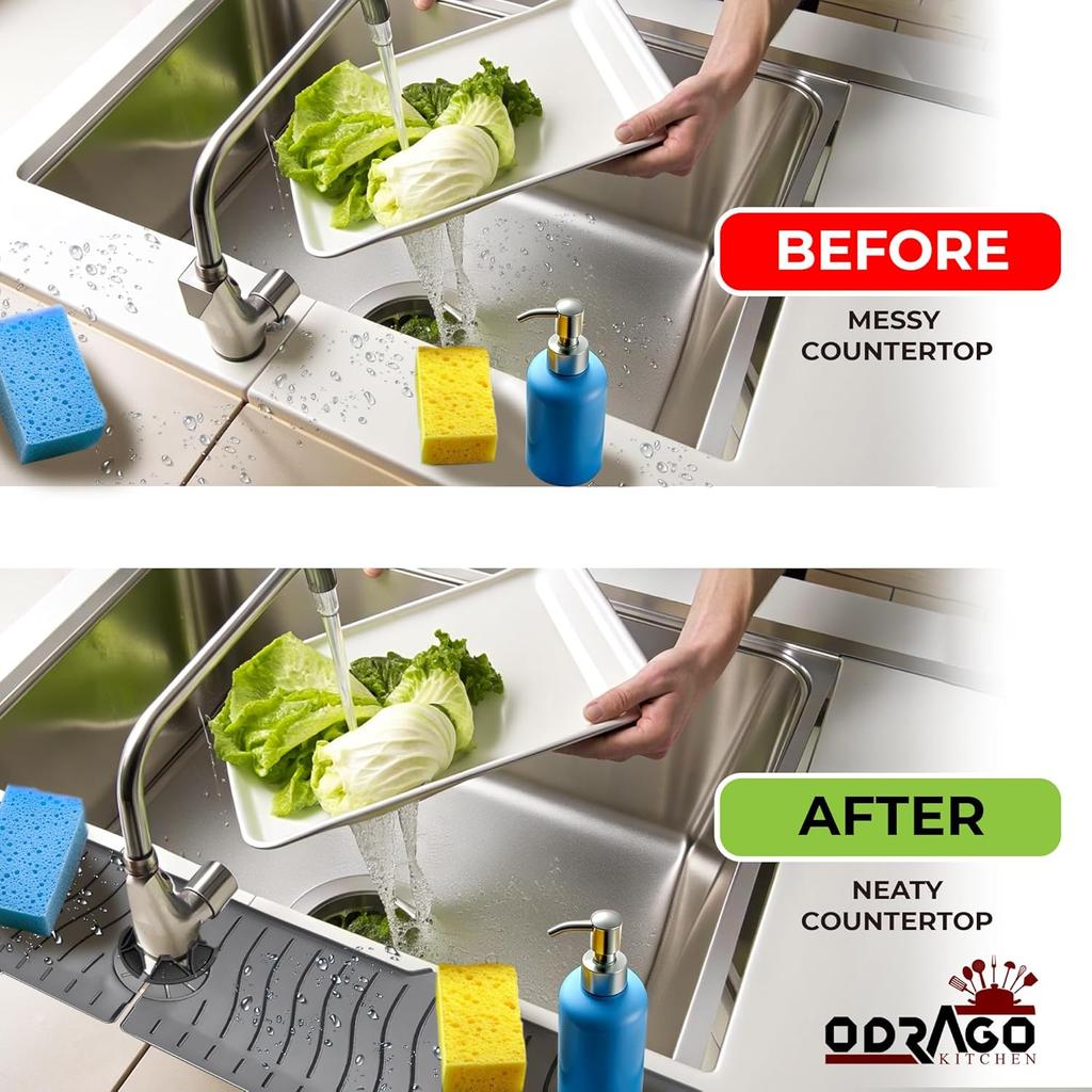 ODRAGO Silicone Kitchen Sink Splash Guard - 24.01 Inch Faucet Mat for Kitchen Sink Water - Longer Faucet Handle Drip Catcher Tray-Sink Guard for