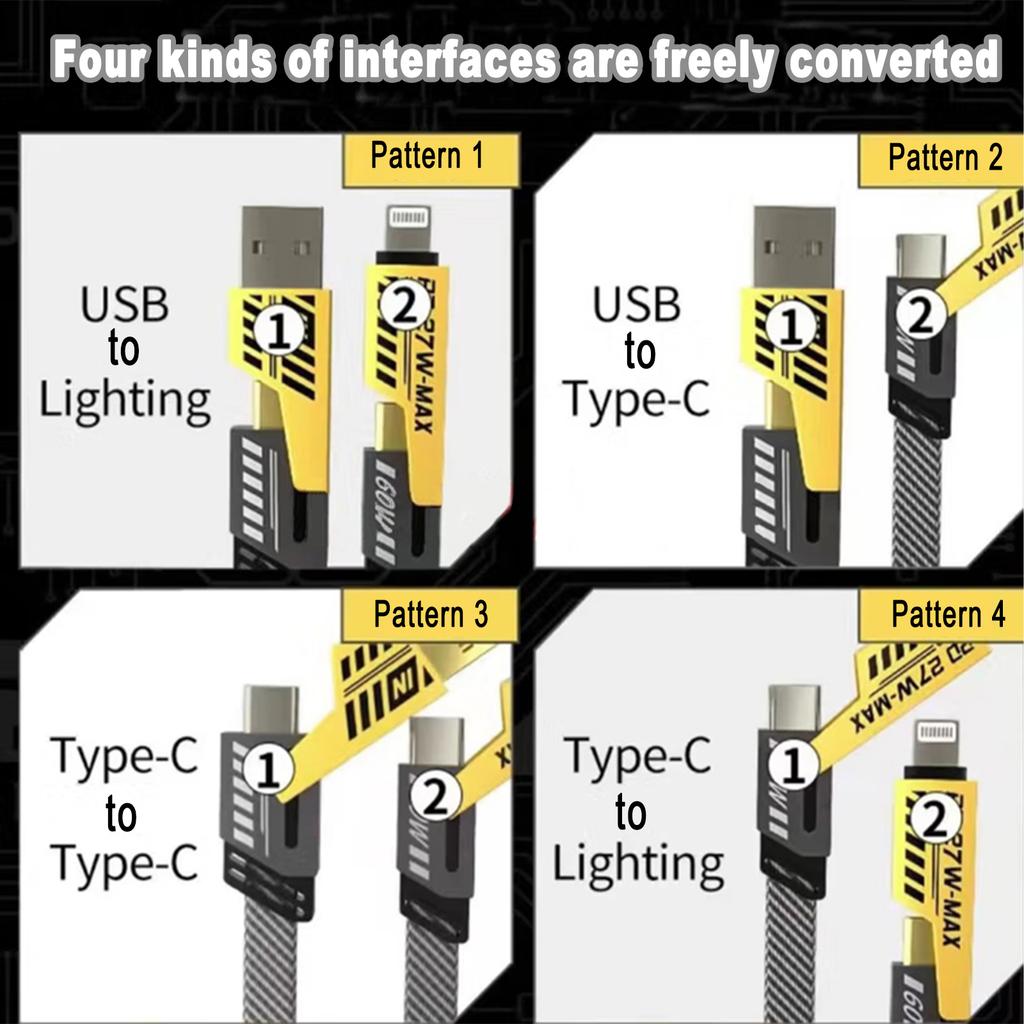 4-in-1 USB C Cable 65W 1 Meter Fast Charging Flat Nylon Braided for iPhone iPad Charger Cord 480Mbps Data Sync Multi Charging