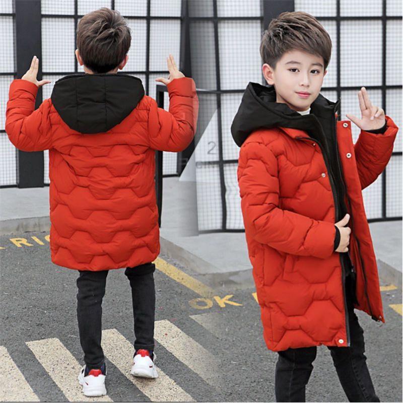 Winter Boy Cotton Coat Korean Style Medium and Large Children's Children's Thick Warm Hooded Medium and Long Down Cotton