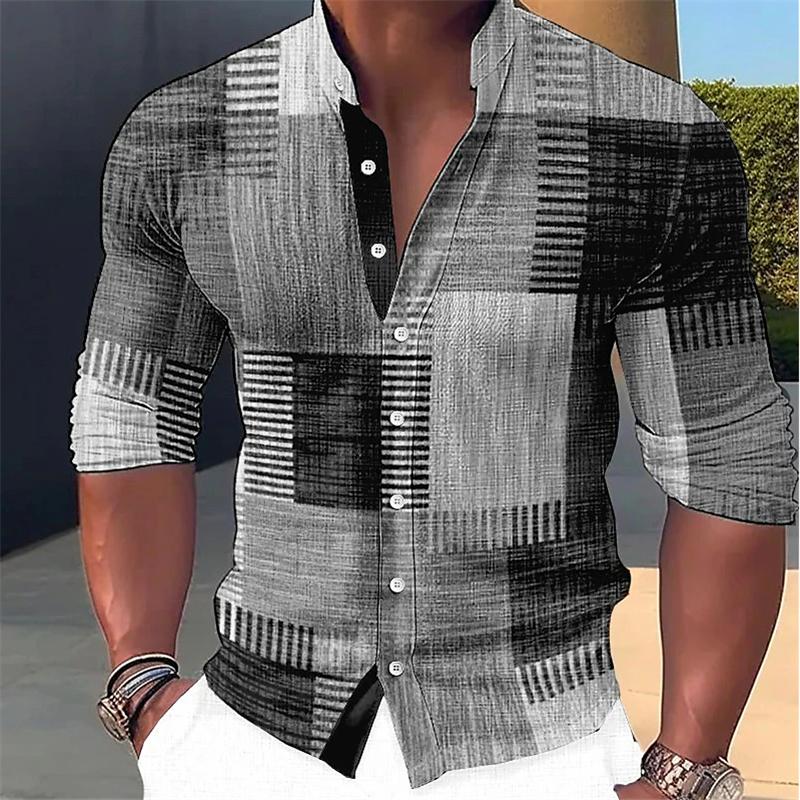 Retro Stitching Men's Long Sleeve Shirt Gradient Stand Collar Outdoor Street Button Designer Casual Breathable Men's Clothing