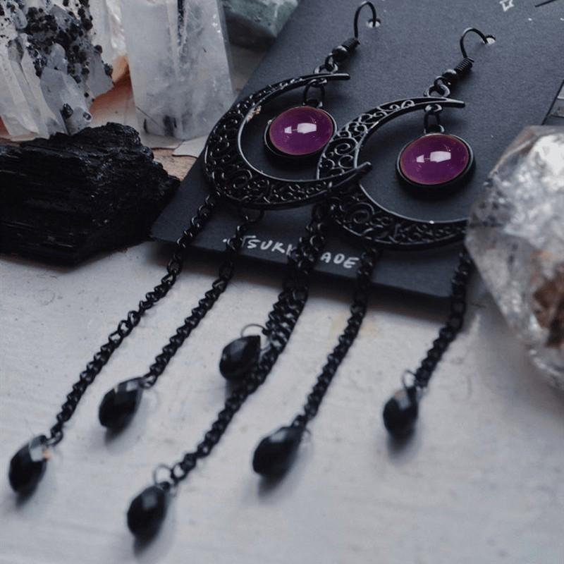Purple Gem Moon Black Dangle Earrings