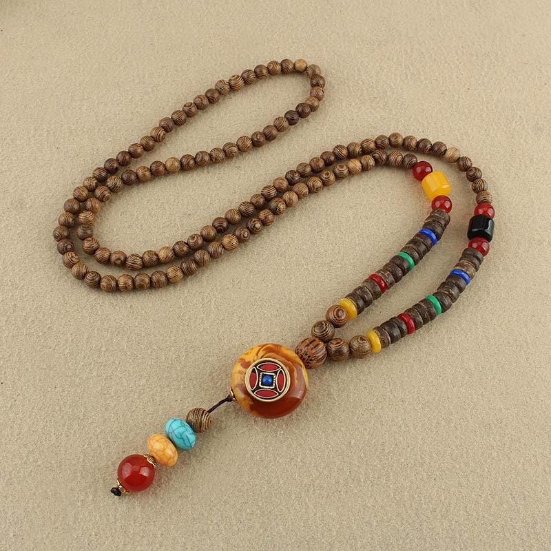 Vintage Sweater Chain Zircon Pendants Ethnic Women Fashion Versatile Wooden Bead Long Necklaces Jewelry