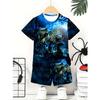 Boys' set, fashionable 3D printed casual pullover, short sleeved shorts, sports  outdoor