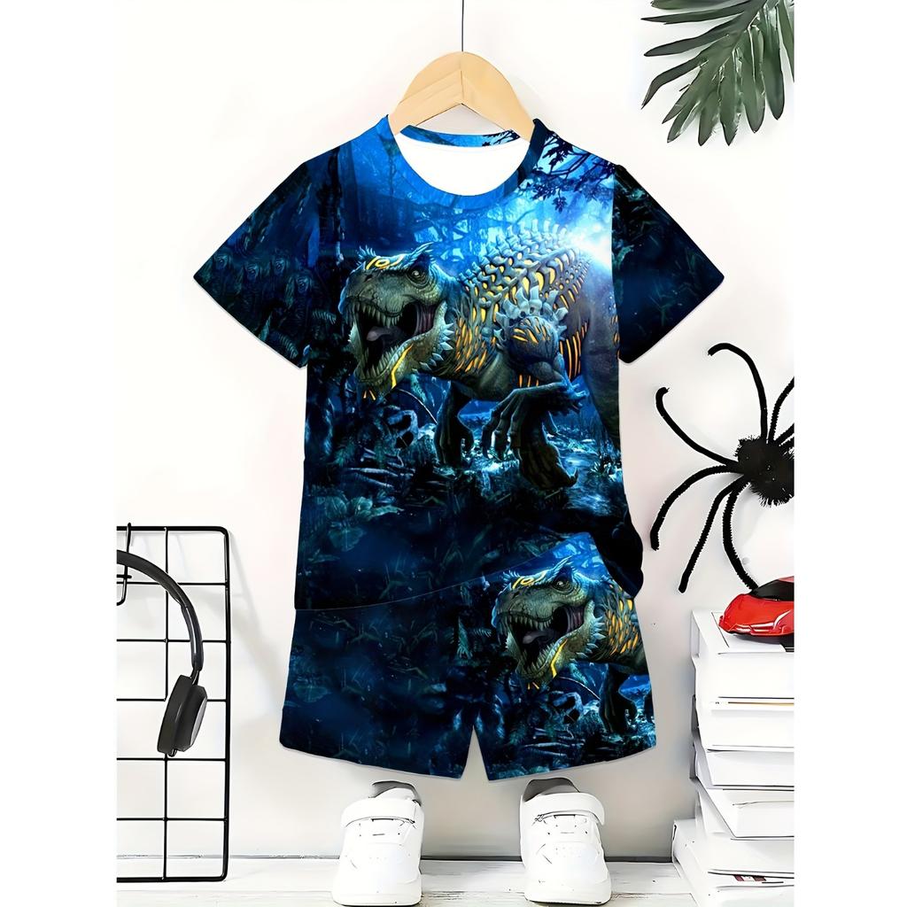 Boys' set, fashionable 3D printed casual pullover, short sleeved shorts, sports  outdoor