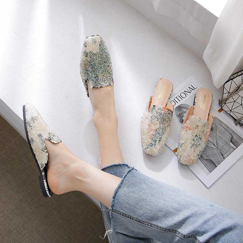 Fashion Celebrity Crystal Multicolor Mules Women Square Toe Slippers Summer Shoes Woman Sandals Flipflops Plus Size 40-43 Glitter Slides