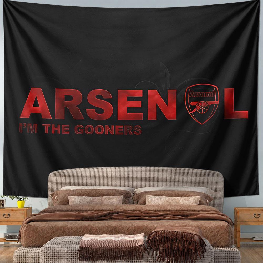 Bold red "ARSENAL" text with logo and "I'M THE GOONERS" on a dark background. Patterned tapestry for bedroom and living room home decor