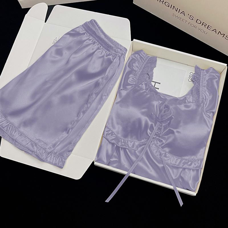 Koszula nocna z krótkim rękawem Damska Jedwab lodowy Letnia Koronka Styl księżniczki Cienka Piżama Zestaw dwuczęściowy Damska