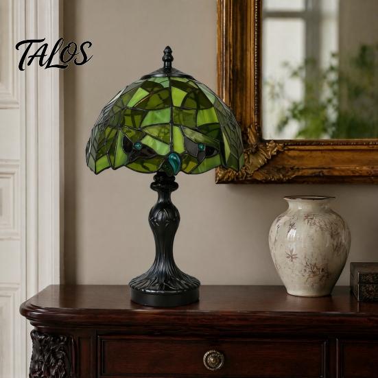 Vintage Banker Lamp for Office Retro Green Stained Glass Desk Lamp, Hand-Carved Resin Base Tiffany Style Decorative Lighting Bar Table Light