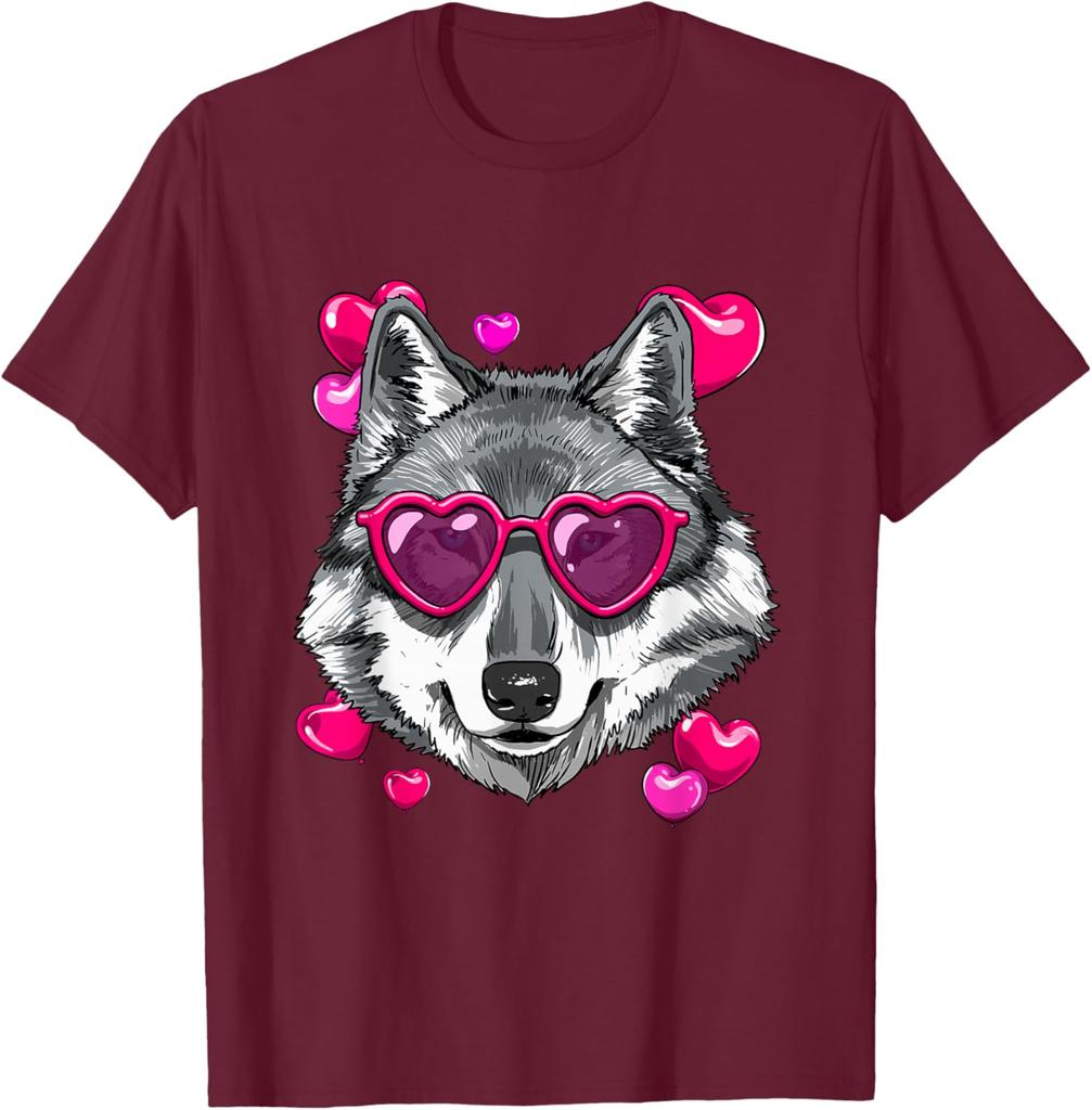 Wolf Lover Heart Sunglasses Valentine Graphic Tee Soft Casual Crewneck T-Shirt
