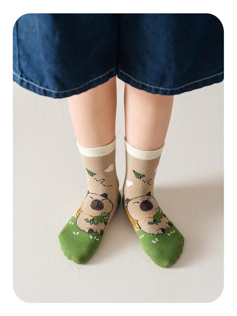 Capybara Kids' Cotton Mid-Calf Socks with Cartoon Designs for Spring, Autumn, and Winter
