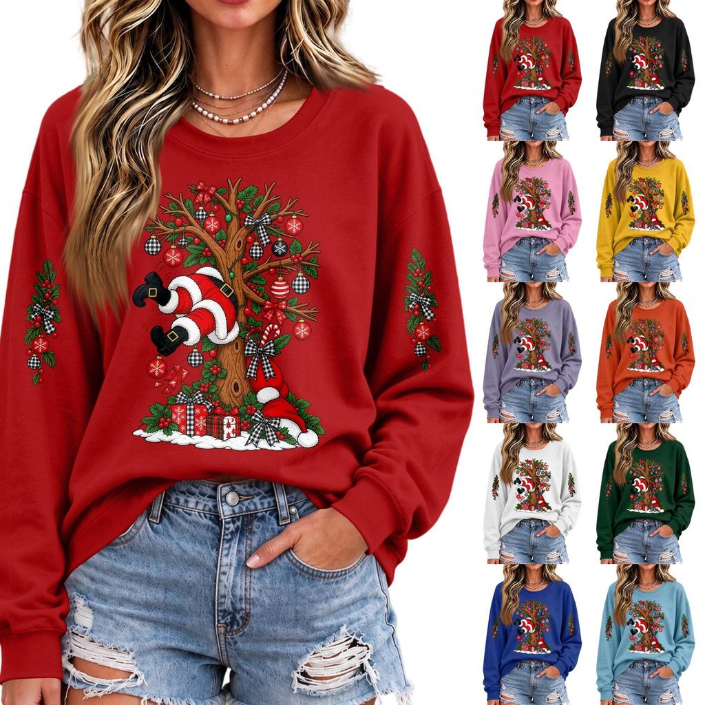 Damen lässiges Weihnachts-Print Rundhals-Oberteil, Feiertags-Grafik-T-Shirt für Partys und den Alltag