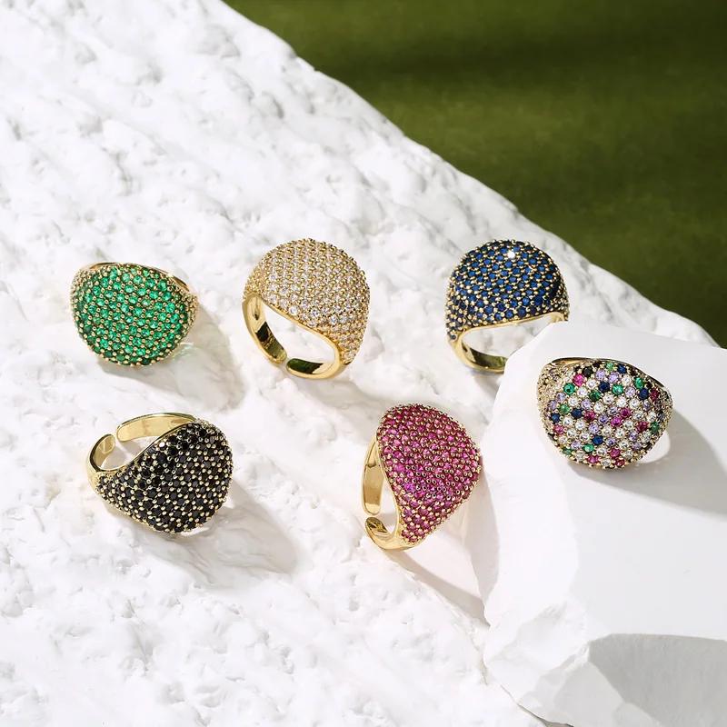 Round Geometry Big Ring for Women,Full Colorful Cubic Zircon Stone Finger Ring,Punk Statement Jewelry