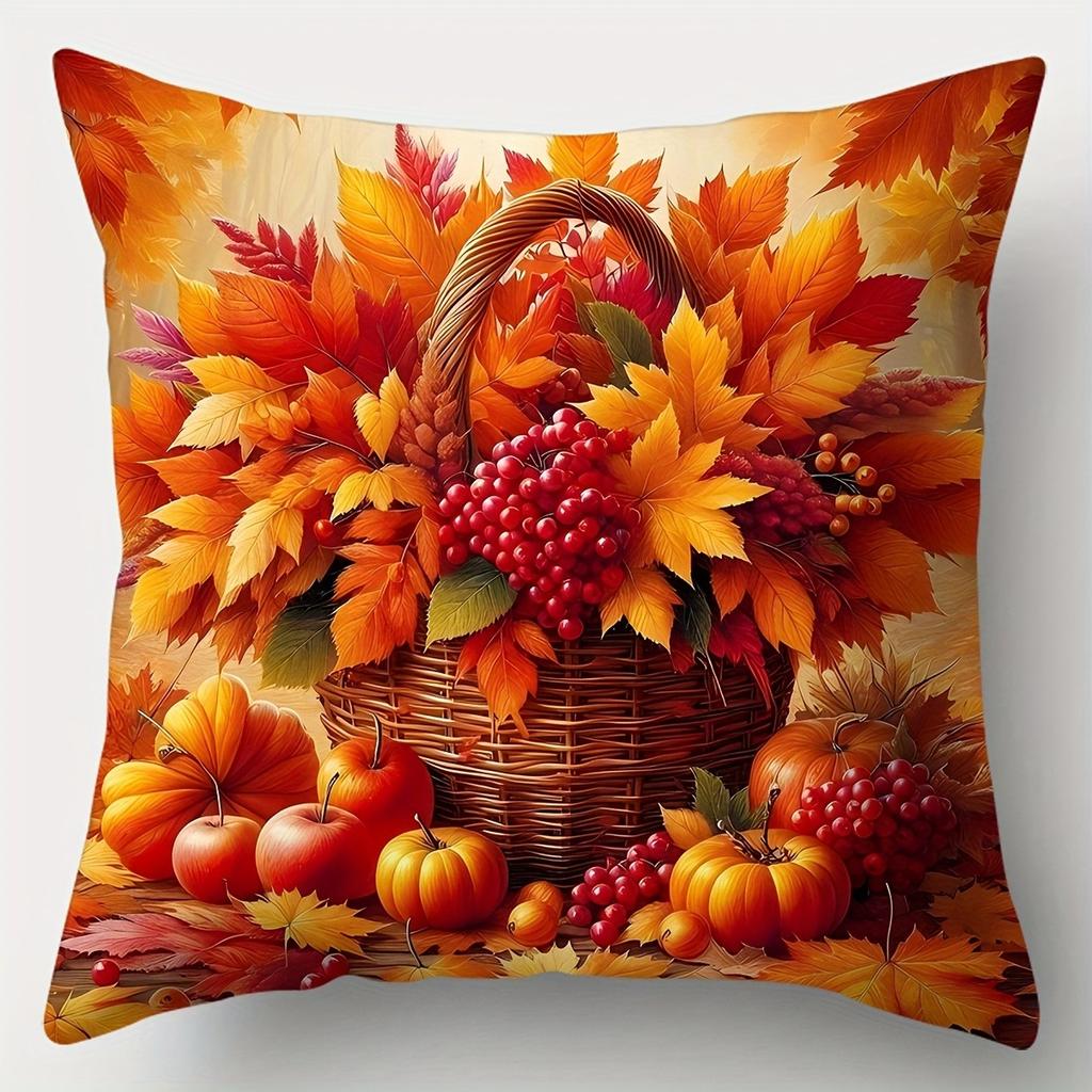 Home Decor Autumn Leaves & Basket Decorative Pillow Covers Pattern Cushion Cover Suitable For Sofa Bedroom Car Pillow Cover