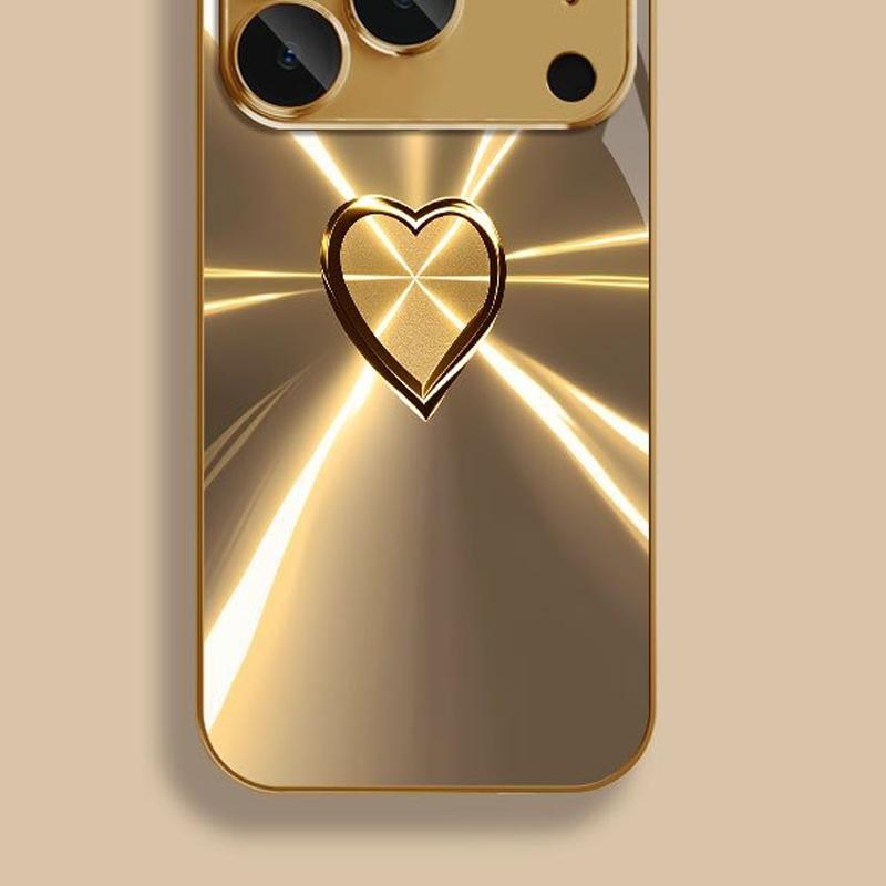 Golden Heart Sparkling Light Pattern Metallic Glass Phone Case For iPhone 11 12 13 14 15 16 17 Pro Max 14 Plus 17 Air 16E Cover
