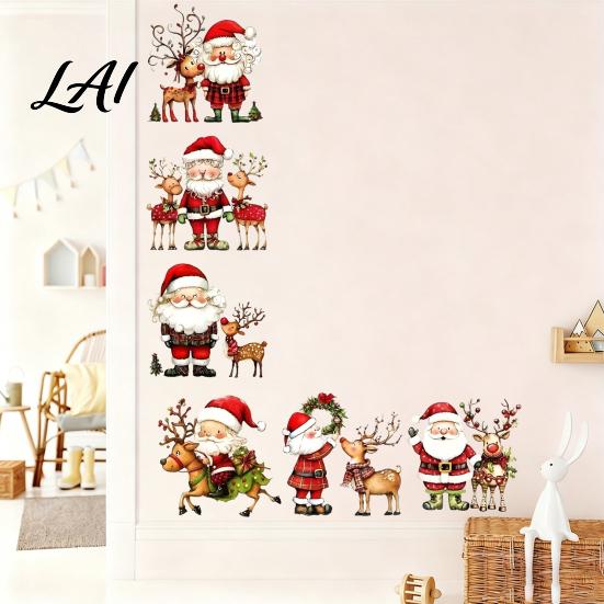 Indoor Christmas Scene Wall Stickers Watercolor Santa Claus Reindeer Decals Self-Adhesive Living Room Decor Stickers for Bedroom Entryway